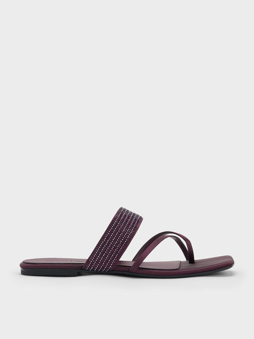 Satin Crystal-Embellished Crossover Toe-Ring Sandals, Burgundy, hi-res