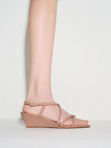 Strappy Wedge Sandals, Nude, hi-res