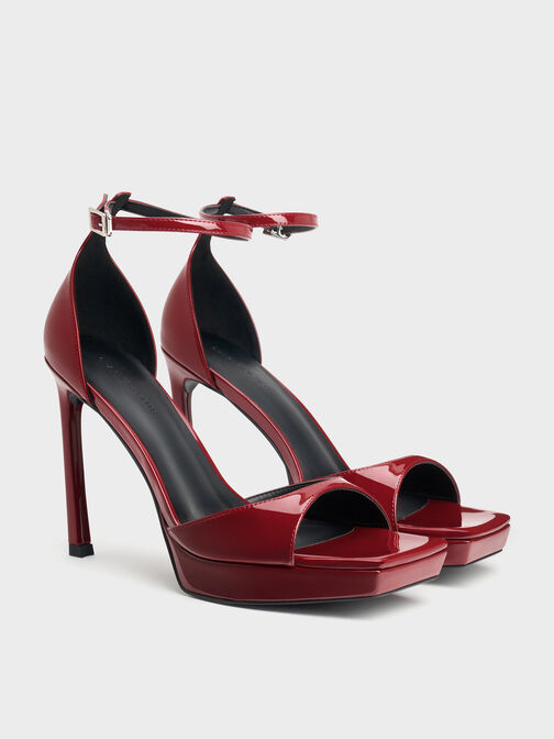 Patent Platform Heeled Sandals, Red, hi-res