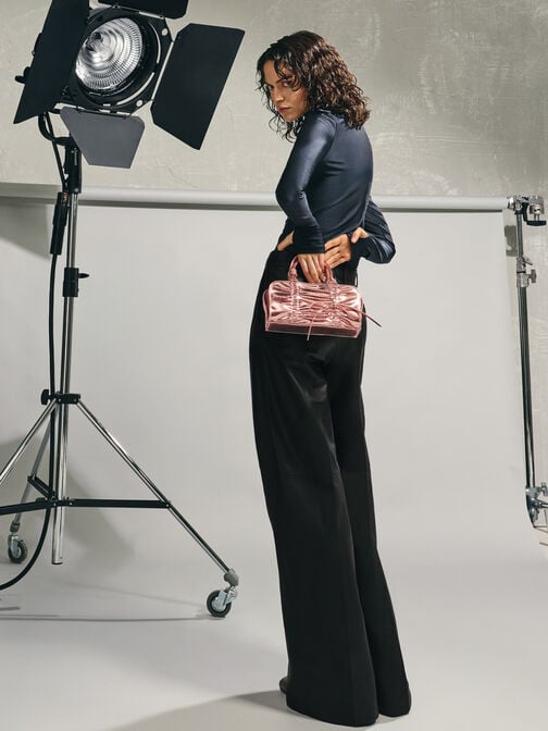 حقيبة بولينغ ميتاليك بتعليقة فيونكة, زهري مضيء, hi-res