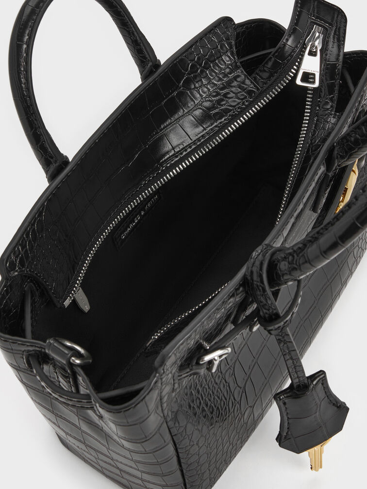 Mini Delfina Croc-Effect Belted Tote Bag, Black Croco, hi-res