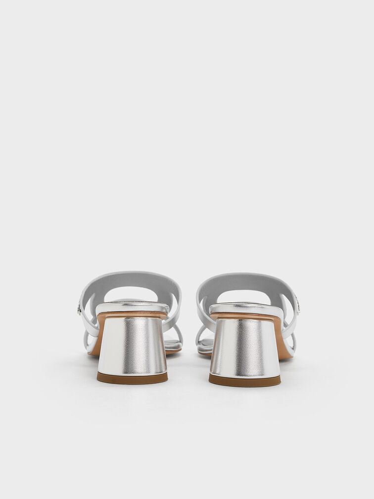 Easley Metallic Cut-Out Cylinder-Heel Mules, Silver, hi-res
