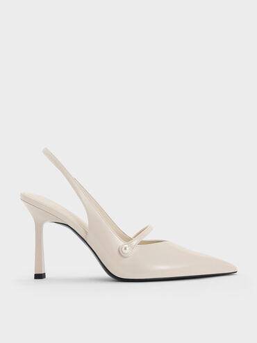 Helena Pearl-Buckle Pointed-Toe Slingback Pumps, Chalk, hi-res