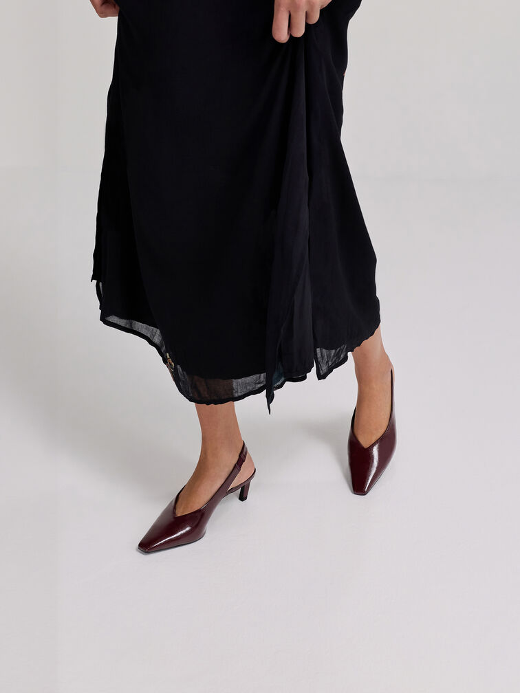 كعب جلد صناعي بحزام خلفي ومقدمة مربعة مدببة, برغندي, hi-res