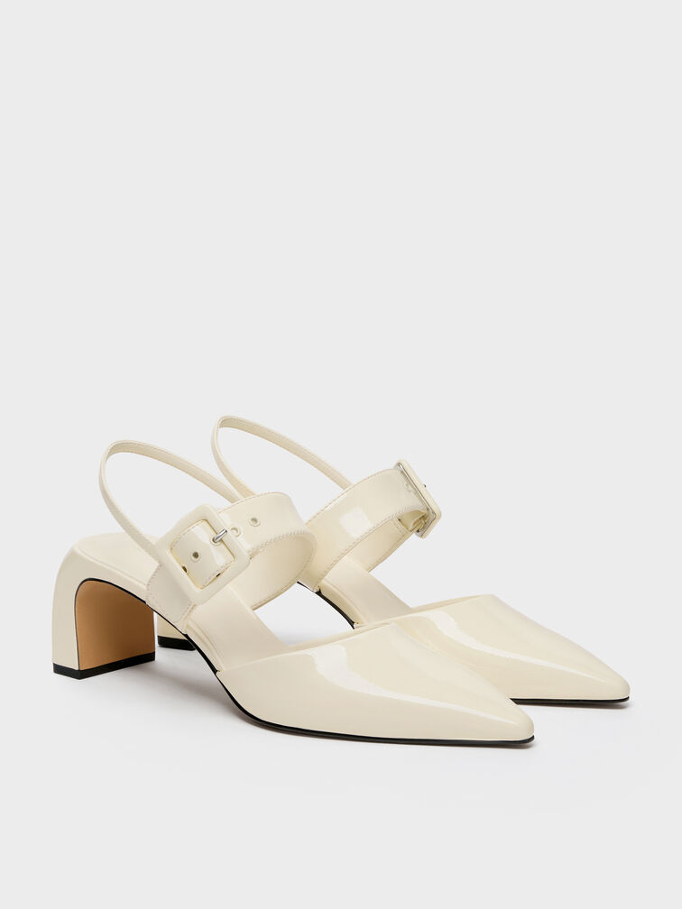 Patent Buckled Pointed Slingback Pumps, Butter, hi-res