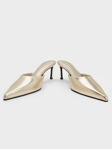 حذاء ميول بكعب ومقدمة مدببة ولون معدني, ذهبي, hi-res