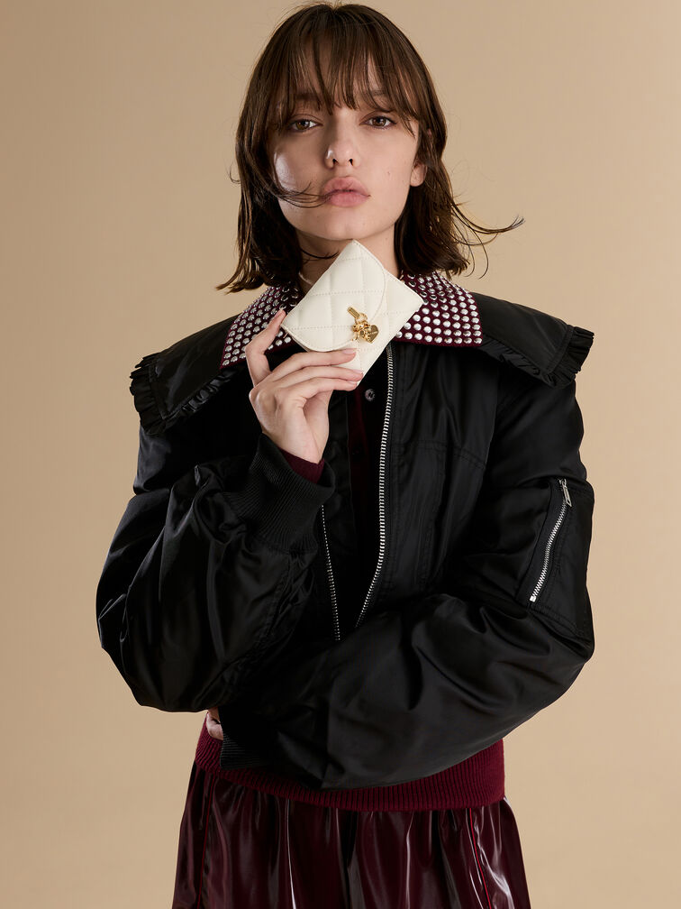 Arrietty Quilted Bow-Heart Charm Curved-Flap Wallet, Cream, hi-res