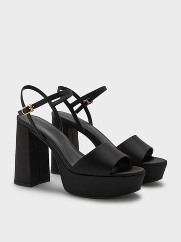 Satin Block-Heel Platform Sandals, Black Textured, hi-res