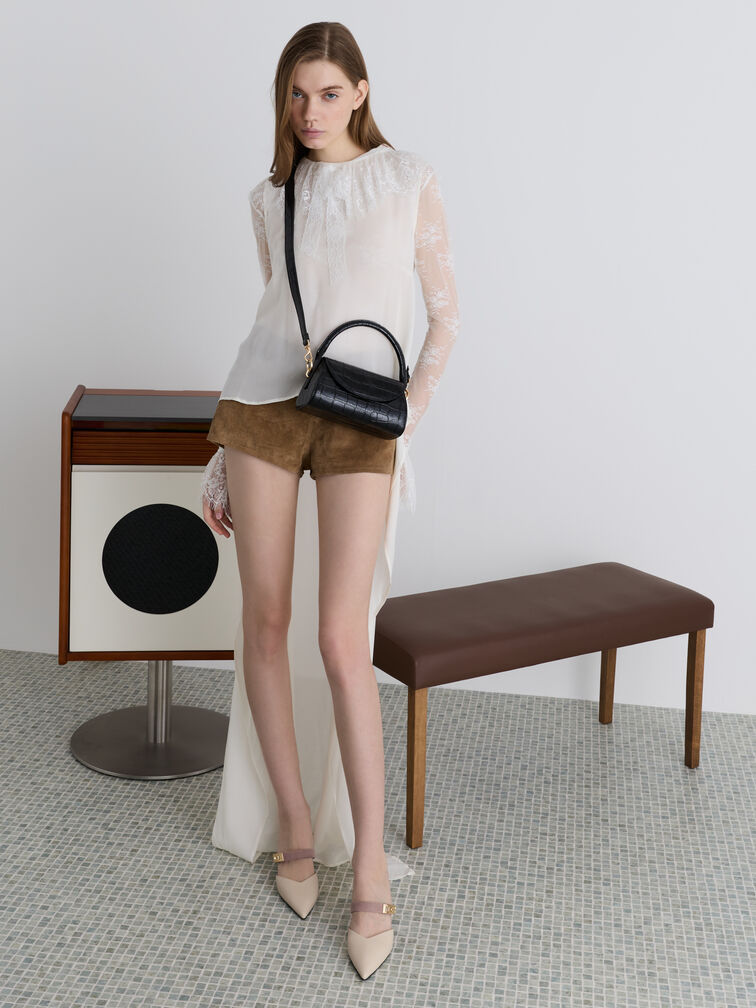 حقيبة كايلا بمقبض علوي وغطاء أمامي أنيق بتصميم على شكل جلد التمساح, أسود كروكو, hi-res