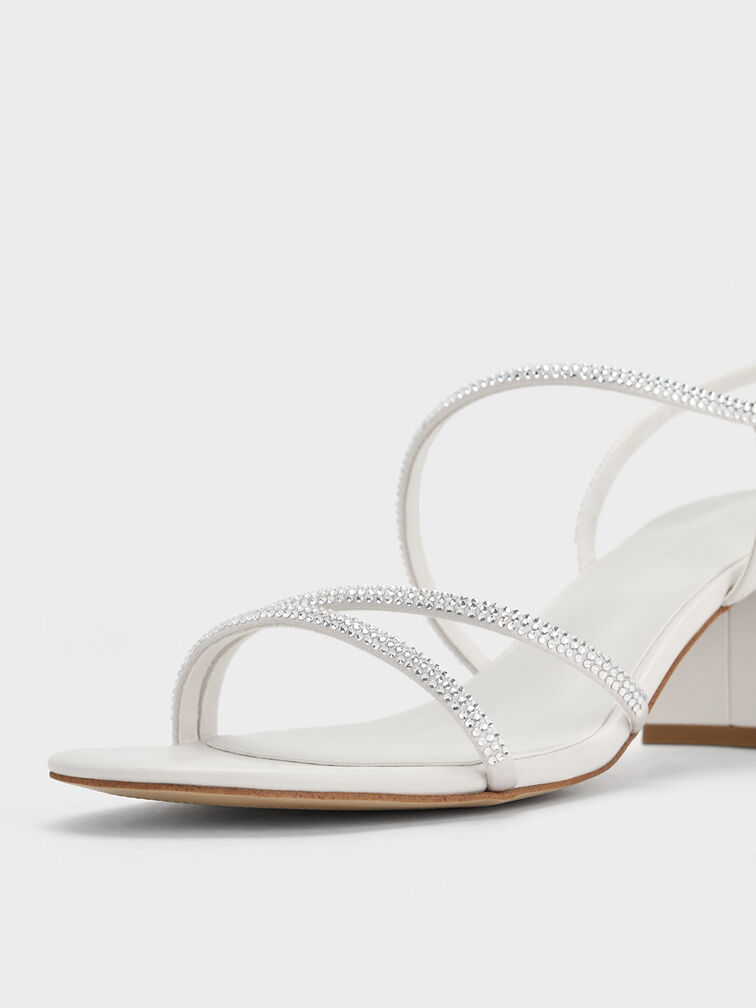 Satin Crystal-Embellished Block-Heel Strappy Sandals, White, hi-res