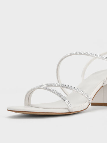 Satin Crystal-Embellished Block-Heel Strappy Sandals, White, hi-res