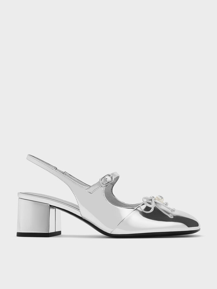 Metallic Crystal-Pearl Mary Jane Slingback Pumps, Silver, hi-res