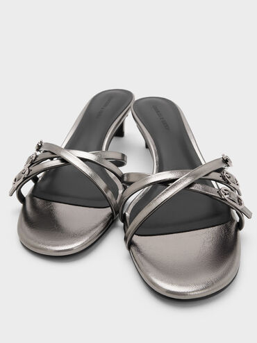 Metallic Buckled Strappy Kitten-Heel Mules, Pewter, hi-res