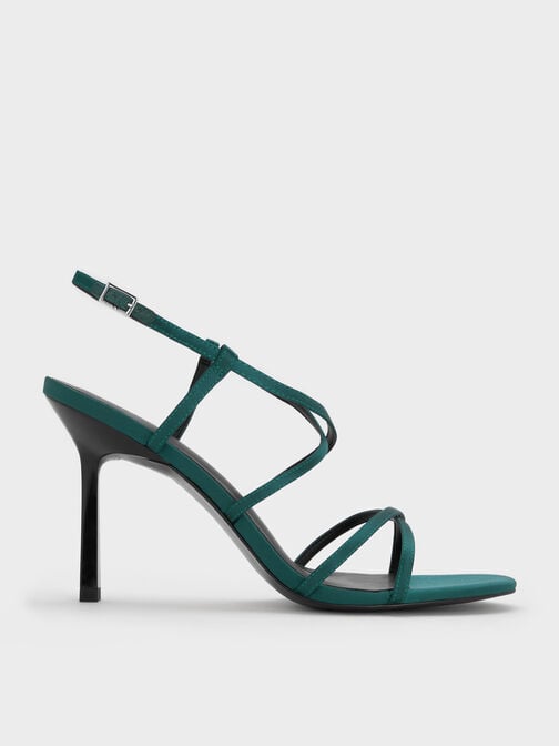 Recycled Polyester Strappy Crossover Trapeze-Heel Sandals, Teal, hi-res