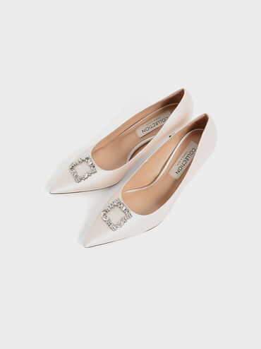 Ever Satin Gem-Embellished Kitten Heel Pumps, Cream, hi-res
