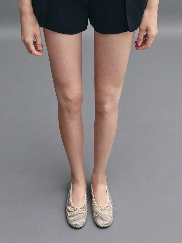 Satin Crystal-Embellished Bow Ballet Flats, Gold, hi-res