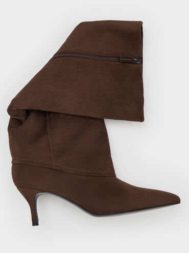 Faux Suede Pointed Stiletto Knee-High Boots, Dark Brown Textured, hi-res