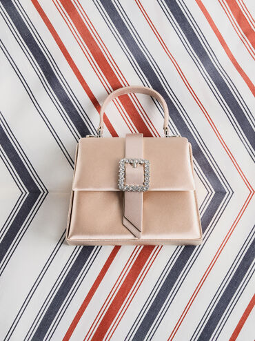 حقيبة ساتان بمقبض علوي وحزام وإبزيم كريستالي, نود خوخي دافئ, hi-res