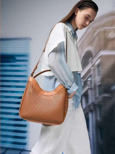 Juno Perforated Hobo Bag, Russet Brown, hi-res
