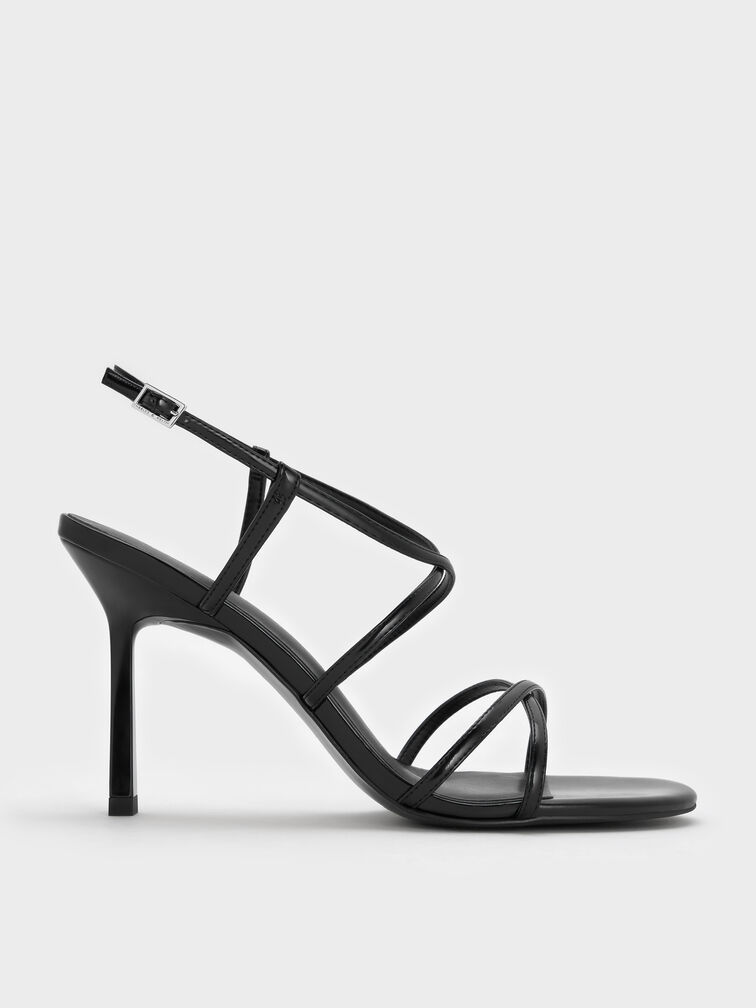 Strappy Crossover Trapeze-Heel Sandals, Black Boxed, hi-res