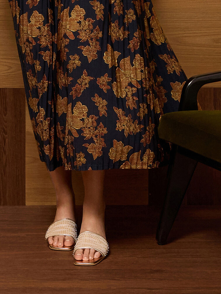 حذاء ميول بكعب مربع ومظهر معدني مصنوع من خامة شبكية ومزين بالترتر, ذهبي, hi-res