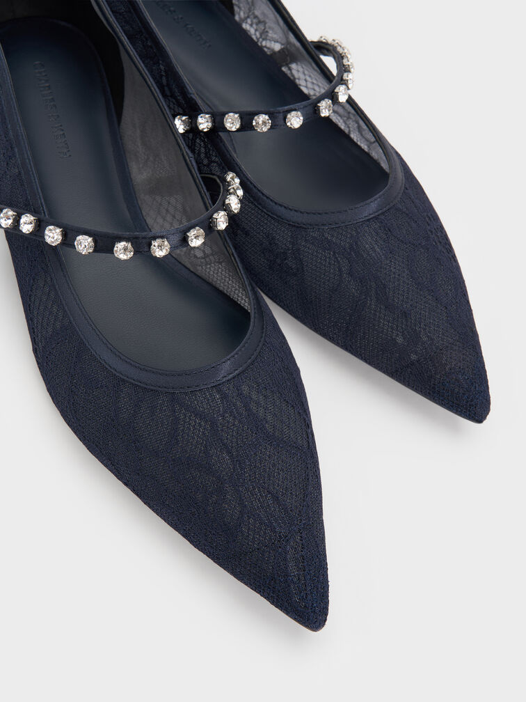 Lace & Satin Crystal Mary Jane Flats, Dark Blue, hi-res
