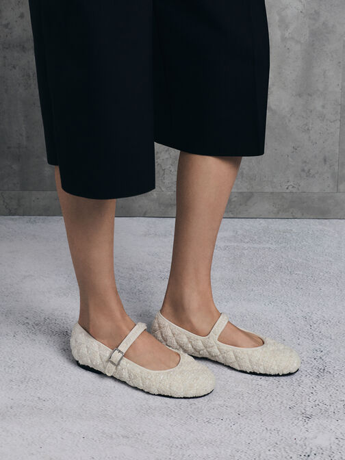 Carmel Tweed Quilted Mary Jane Flats, White, hi-res