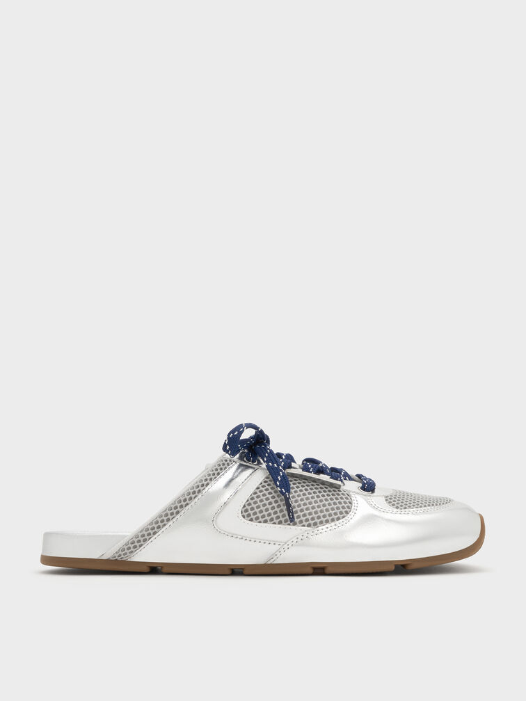 حذاء رياضي بتصميم سهل الارتداء من الدانتيل بتصميم شبكي بلون معدني مزخرف بأربطة منقوشة, فضي, hi-res