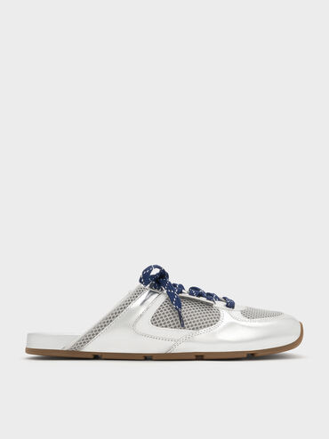 حذاء رياضي بتصميم سهل الارتداء من الدانتيل بتصميم شبكي بلون معدني مزخرف بأربطة منقوشة, فضي, hi-res