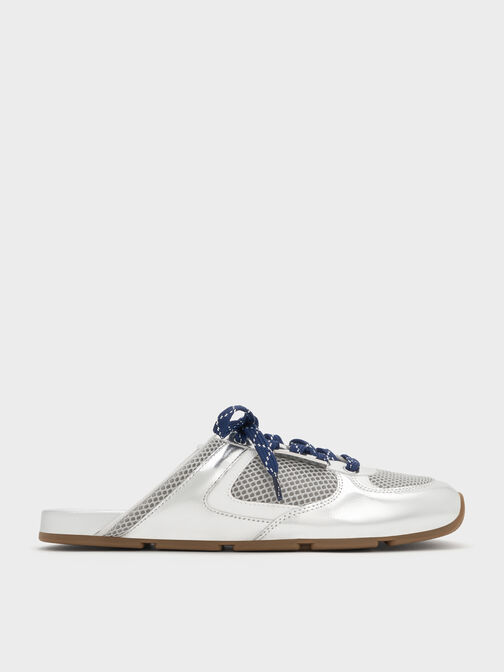 حذاء رياضي بتصميم سهل الارتداء من الدانتيل بتصميم شبكي بلون معدني مزخرف بأربطة منقوشة, فضي, hi-res