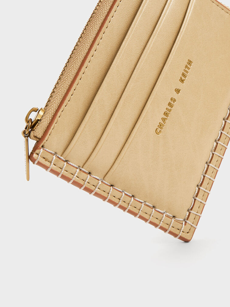 Circe Stitch-Trim Zip Around Card Holder, Beige, hi-res