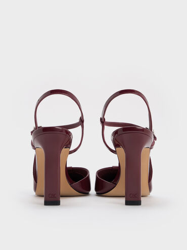 حذاء بكعب بليد من الجلد اللامع مع مقدمة مدببة وبفتحات, برغندي, hi-res