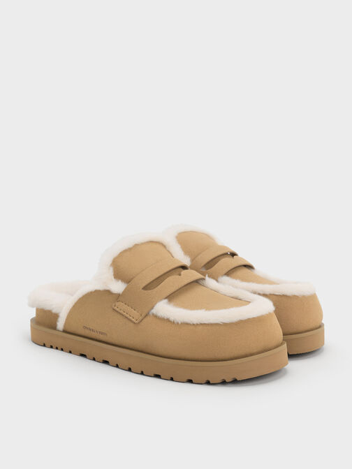 Recycled-Fur Flatform Mules, Sand, hi-res