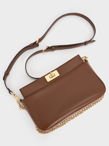 حقيبة كتف ليني بمقبض على شكل سلسلة, بني داكن, hi-res