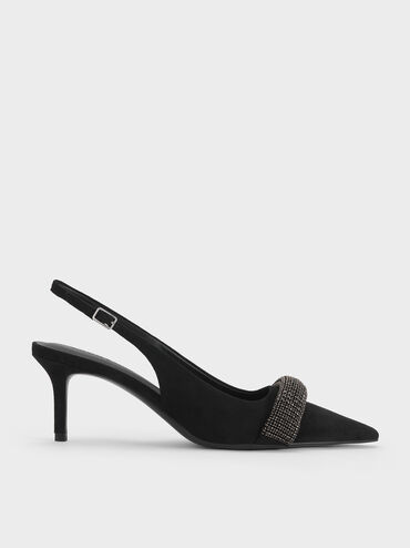 Faux Suede Crystal-Embellished Pointed-Toe Slingback Pumps, Black Textured, hi-res
