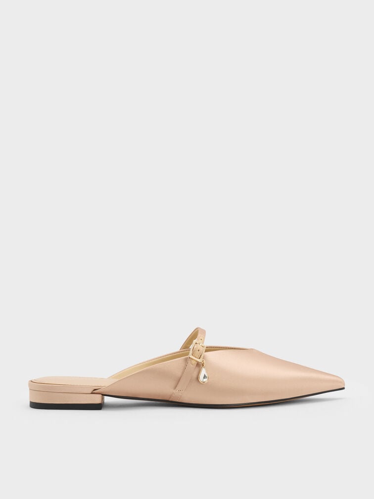 حذاء (مولز) من الساتان بدون كعب، مفتوح من الخلف مزوّد بشريط عند الكاحل مزين بكريستالات على شكل دمعة, ذهبي, hi-res