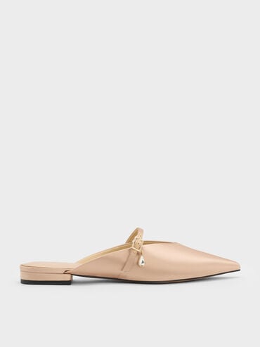 حذاء (مولز) من الساتان بدون كعب، مفتوح من الخلف مزوّد بشريط عند الكاحل مزين بكريستالات على شكل دمعة, ذهبي, hi-res