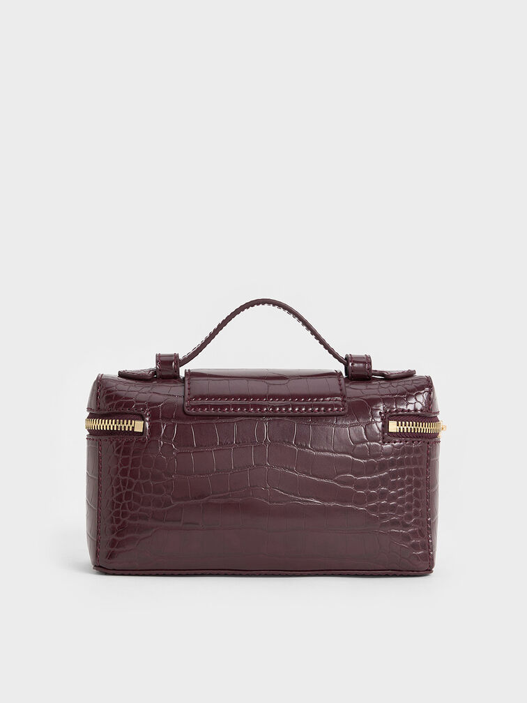 حقيبة مستحضرات تجميل أروين بمقبض علوي ونقشة جلد التمساح, برغندي, hi-res