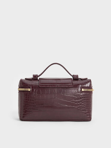 حقيبة مستحضرات تجميل أروين بمقبض علوي ونقشة جلد التمساح, برغندي, hi-res