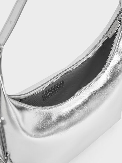 Bryna Metallic Curved Hobo Bag, Silver, hi-res