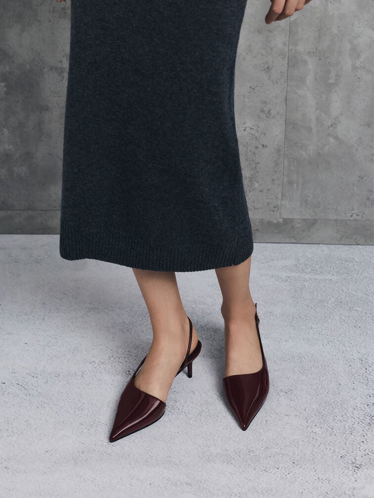 Patent Pointed Slingback Pumps, Burgundy, hi-res