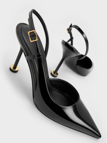 Wynn Patent Pointed-Toe Sculptural-Heel Slingback Pumps, Black Patent, hi-res