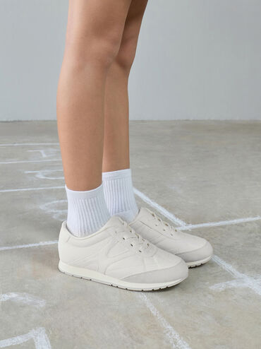 Girls' Faux Suede Sneakers, White, hi-res