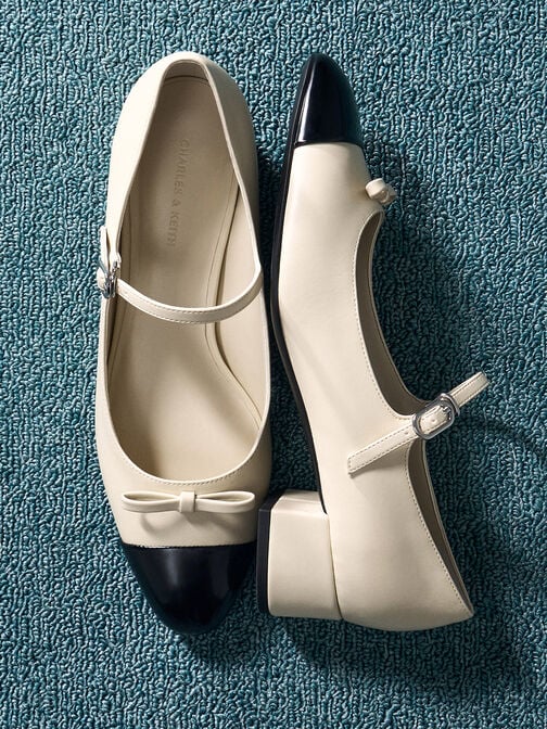 حذاء بامبس ماري جين بمقدمة مدببة وفيونكة, أبيض طباشيري, hi-res