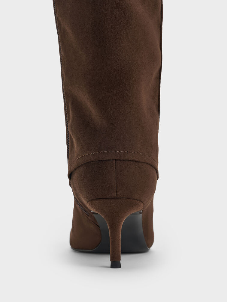 Faux Suede Pointed Stiletto Knee-High Boots, Dark Brown Textured, hi-res