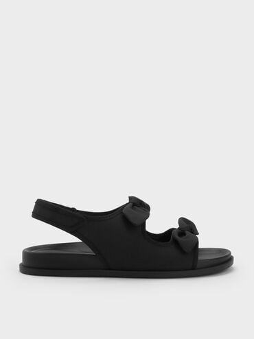 Silk Knot-Bow Double-Strap Slingback Sandals, Black Textured, hi-res