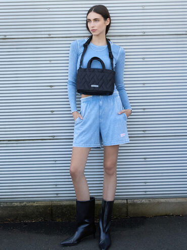 Nylon Chevron Boxy Tote Bag, Jet Black, hi-res