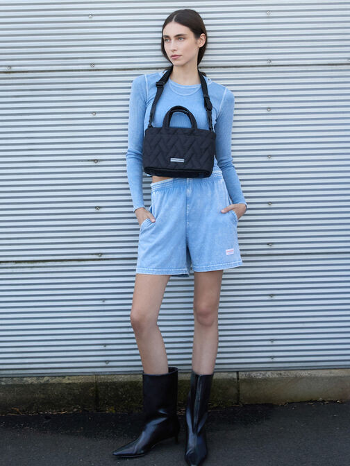 Nylon Chevron Boxy Tote Bag, Jet Black, hi-res