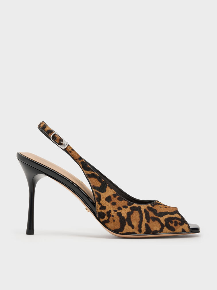 Kyra Calf Hair Leopard-Print Peep-Toe Slingback Heels, Animal Print Brown, hi-res
