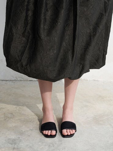 صندل مفتوح سهل الارتداء بتصميم منسوج مصنوع من خامة شبكية, أسود خشن, hi-res